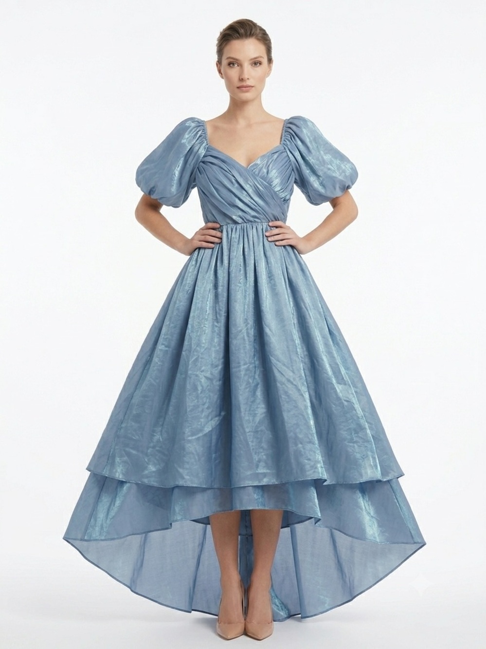 One Loved Babe Dusty Blue Puff Sleeve Shimmer Midi Dress Cottagecore S